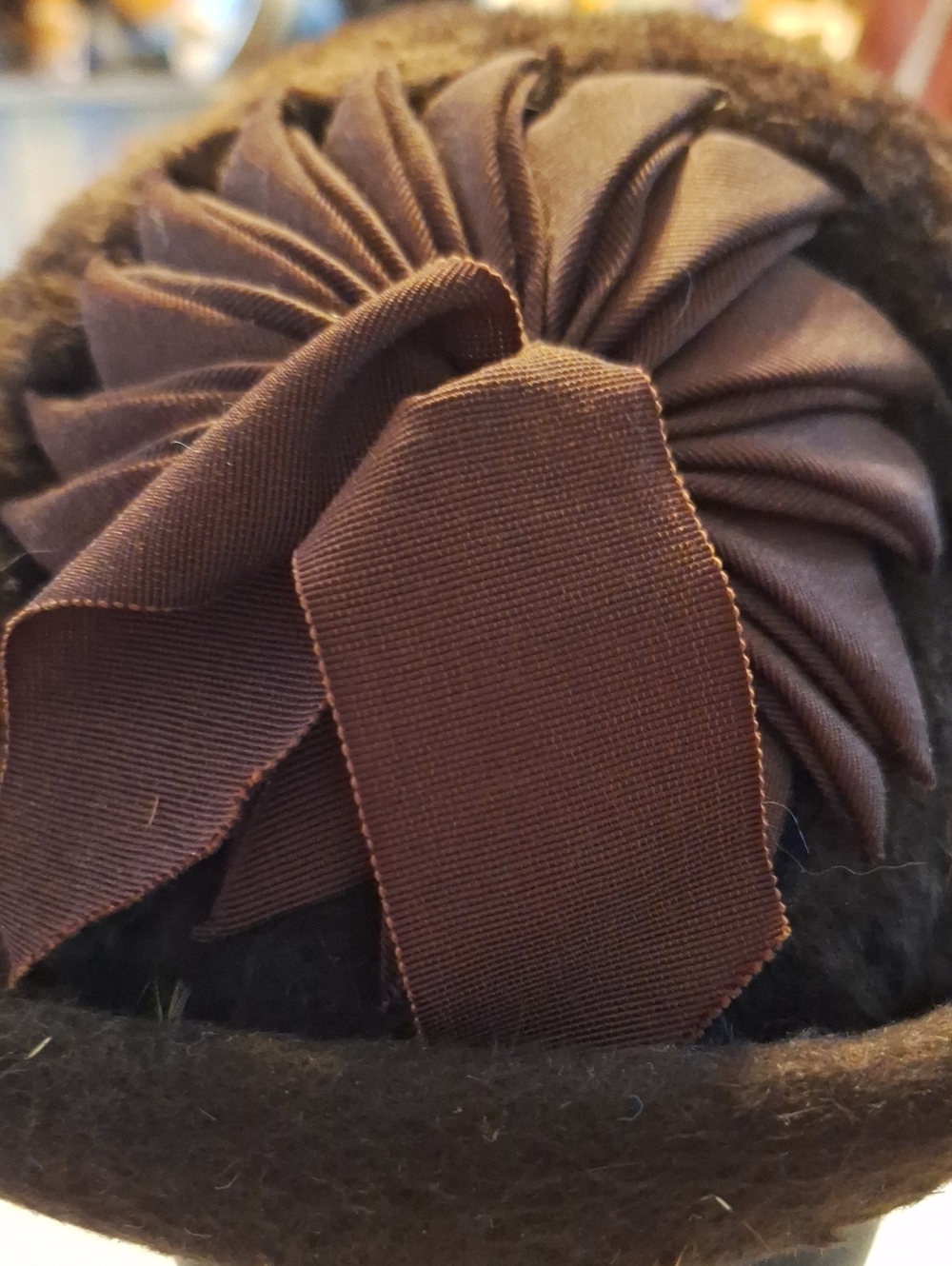 Brown Wool Felt Cloche Hat with Decorative Fabric Rosette - Picture 2 of 6